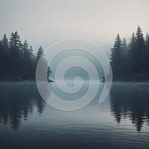 A lake in the middle of the misty forest.