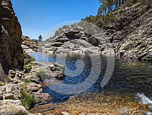 The lake in the middle of the mountain and rocks