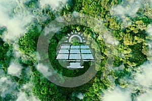 A lake in the middle of a pristine rainforest in the shape of a solar power plant
