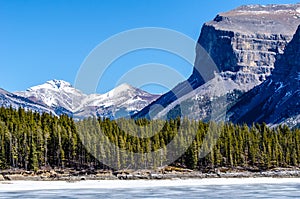 Lake Minnewanka frozen and the mountains behind