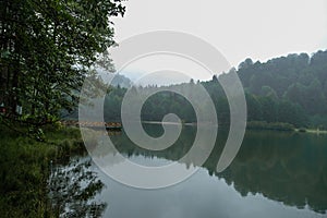 Lake and misty forest in mountains in a rainy day