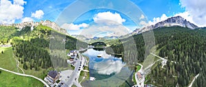 Lake Misurina - Aerial overview of the landscape of the Sesto Dolomites from above