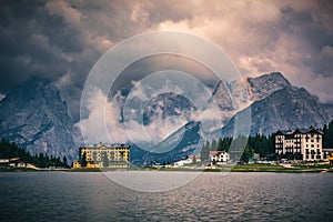 Lake Misurina, picturesque afternoon scene in the Tre Cime Di La