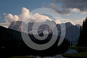 Lake Misurina and Sorapiss mount at sunset, Dolomites, Italy