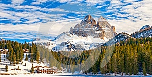 Lake Misurina and Tre cime di Lavaredo in winter. Dolomites mountain range