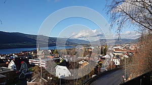 Lillehammer town and church from Maihaugen Open Air museum in Norway photo