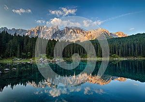 Lake with mountain forest landscape, Lago di Carezza