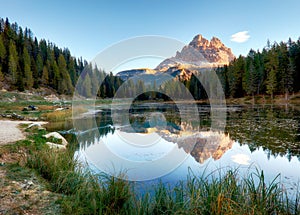 Lake mountain landcape with Alps peak reflection, Lago Antorno, photo