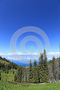 Lake and mountain landscape under blue sky