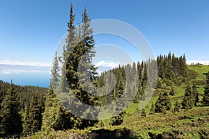 Lake and mountain landscape under blue sky