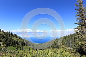 Lake and mountain landscape under blue sky