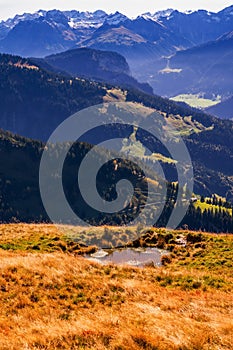 Lake in mountain meadow and Austrian Alps peaks