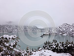 Lake and mountain in snow
