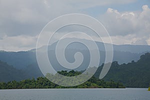 Lake with mountain under cloudy sky