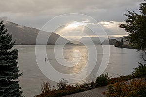 Lake with mountains in the background