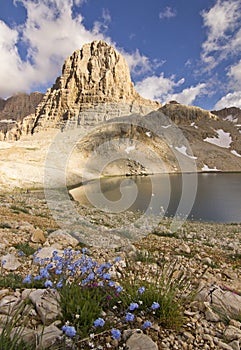 Lake in mountains with big rock in Turkey Aladaglar