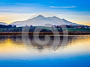 Lake with mountains and boats