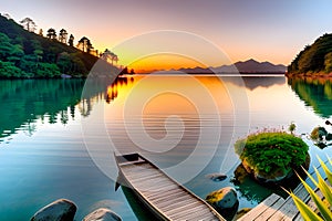 A lake with mountains and greenery with a wooden dock generated by ai