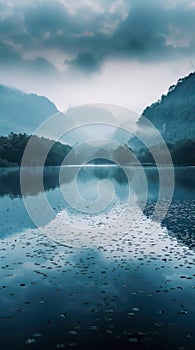 Lake and mountains reflected in the water in misty morning.