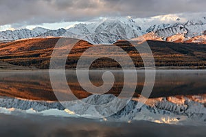 Lake mountains reflection snow sunrise