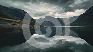 A lake and mountains set against a moody, overcast sky