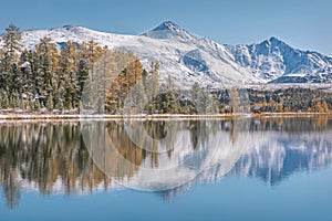 Lake mountains snow forest reflection autumn