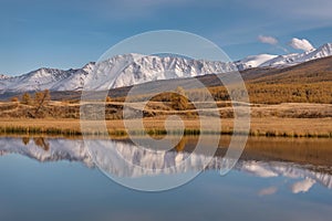 Lake mountains snow reflection sky autumn