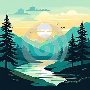 lake in mountains at sunrise. mountain lake, river and forest.