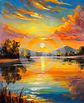 Lake with mountains and sunset Oil painting