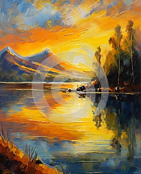 Lake with mountains and sunset Oil painting photo