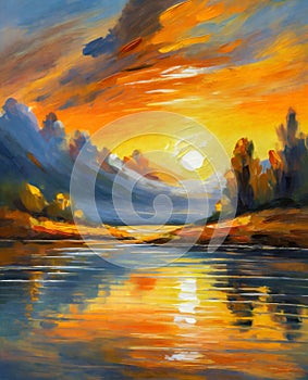 Lake with mountains and sunset Oil painting photo