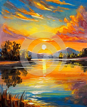 Lake with mountains and sunset Oil painting photo