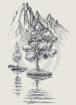 Lake in the mountains, trees reflections in the water c