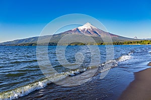 Lake, mountains and volcano beautiful landscape, Chile, Patagonia, South America