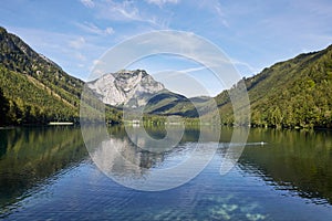 Lake and mountains at the Vorderer Langbathsee in Salzkammergut, Austria