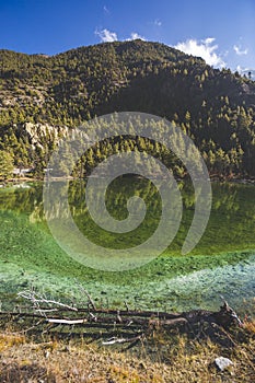 Lake Mricho Tal with emerald water near Pisang. Himalaya mountains, Nepal