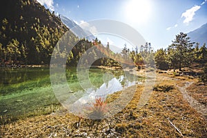 Lake Mricho Tal near Pisang. Himalaya mountains in Nepal, Annapurna circuit trek