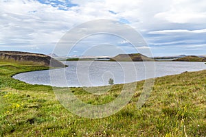 Lake Myvatn. Green grassland area of pseudo craters volcanics near Skutustadir.