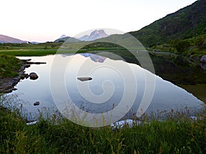 Lake in the north of Norway, Lofoten in the sommar evening