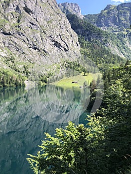 Lake Obersee, Berchtesgaden, Bavaria, germany. Nature landscape, reserve national park. Spectacular view Alps mountain