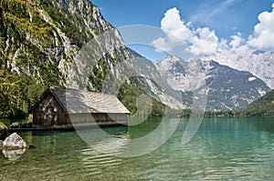 Lake Obersee with boathouse in Berchtesgaden Alps, Germany