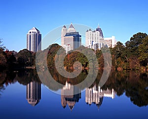 Lake and office buildings, Atlanta, USA.