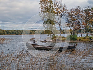 Lake Onega and boats by the Kizhi island. Autumn landscape