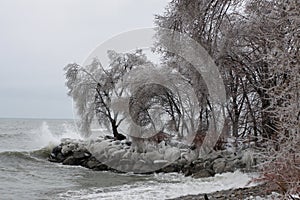 Lake ontario shore after a freezing rain storm.