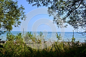 Lake Ontario shoreline framed by trees along hiking trail at Presqu\'ile