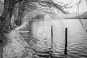 Lake Orta early springtime view. Black and white photo