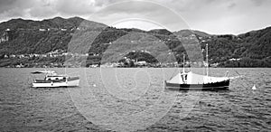 Lake Orta: recreational vessels moorage. Black and white photo