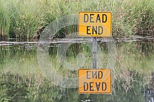 Dead End sign on a Lake in Water with reflection photo