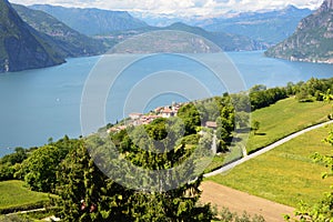 Lake panorama from `Monte Isola`. Italian landscape. Island on lake. View from the island Monte Isola on Lake Iseo, Italy