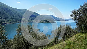 Lake panorama from `Monte Isola`. Italian landscape. Island on lake. View from the island Monte Isola on Lake Iseo, Italy.